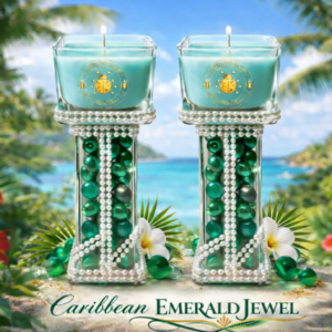 Caribbean Emerald Jewel™ 9 oz luxury organic soy candle with handcrafted emerald bead pedestal and tropical island background