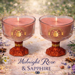 Luxury Midnight Rose & Sapphire organic soy candles in deep ruby glass vessels, handcrafted with organic essential oils and elegant decorative accents.