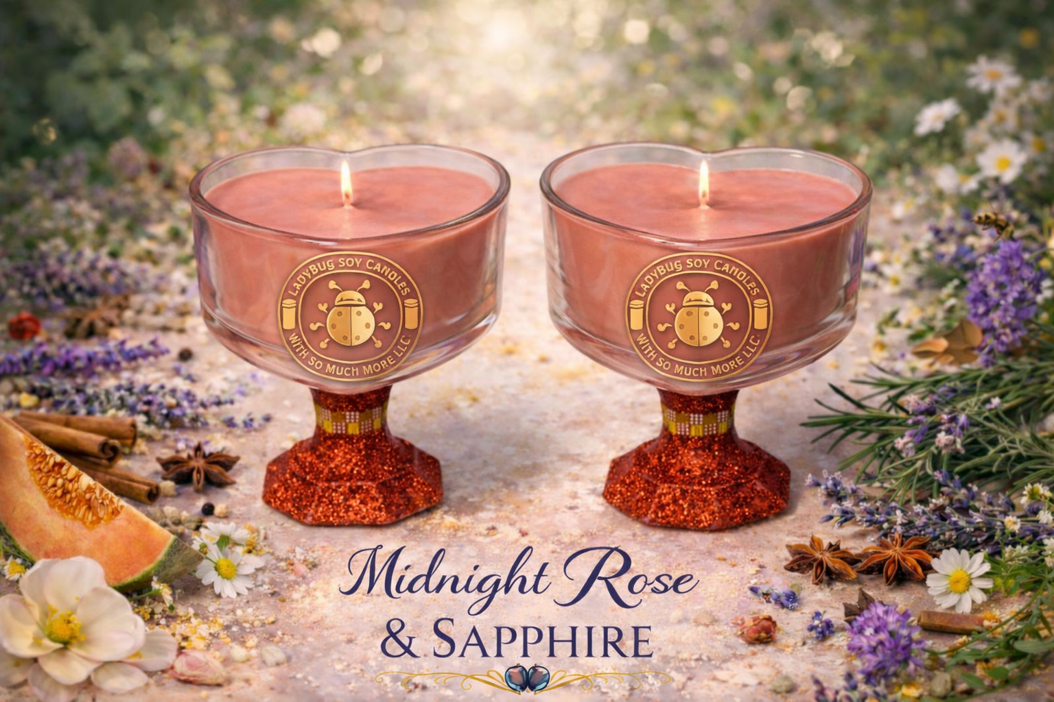 Luxury Midnight Rose & Sapphire organic soy candles in deep ruby glass vessels, handcrafted with organic essential oils and elegant decorative accents.