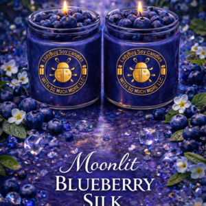 Moonlit Blueberry Silk organic soy candle in glass vessel infused with organic essential oils featuring smooth blueberry fragrance.