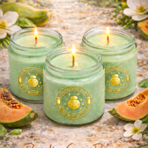 Paradise Green Papaya organic soy candle in glass vessel infused with organic essential oils featuring fresh tropical papaya fragrance.