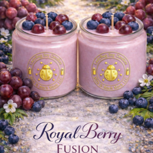 Royal Berry Fusion organic soy candle in elegant glass vessel infused with organic essential oils featuring rich berry fragrance.